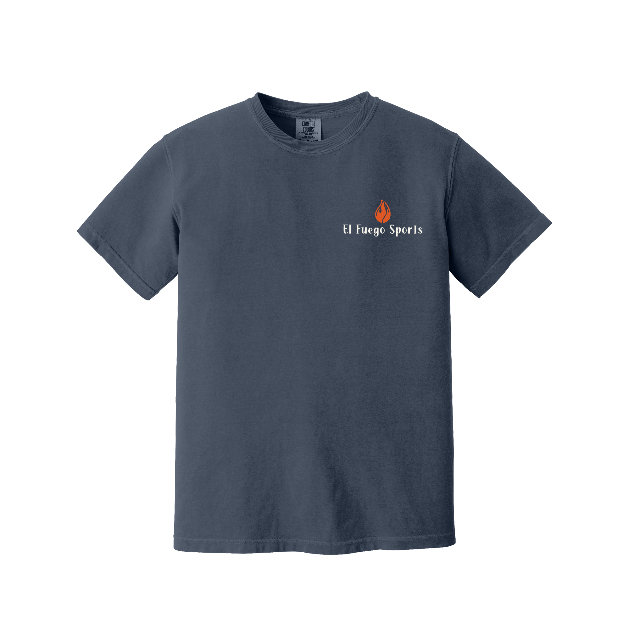 A dark slate blue short-sleeve crewneck t-shirt with a small white 'Ulfuge Sports' logo and flame graphic on the left chest, displayed on a clean white background.