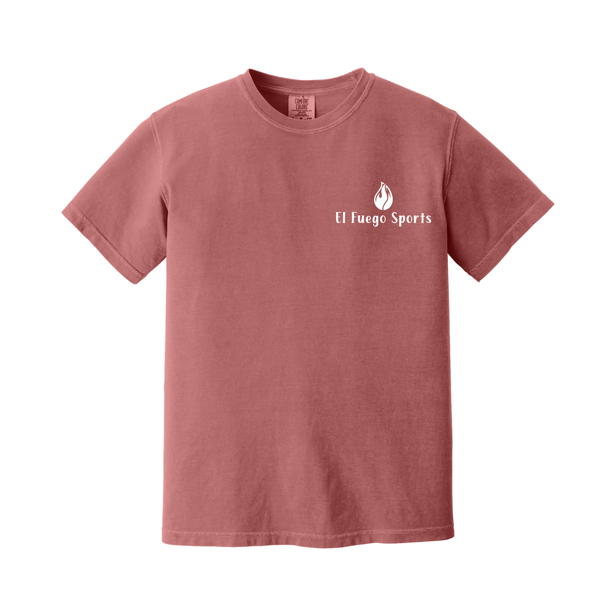 Front of a Crimson Comfort Colors T-shirt with ivory El Fuego Sports chest logo