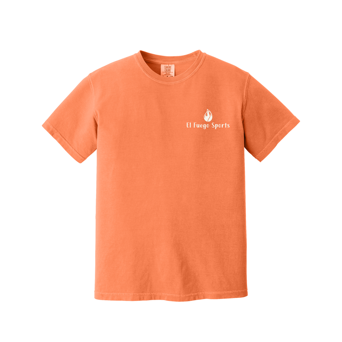 Front of Burnt Orange Comfort Colors T-shirt with El Fuego Sports chest logo