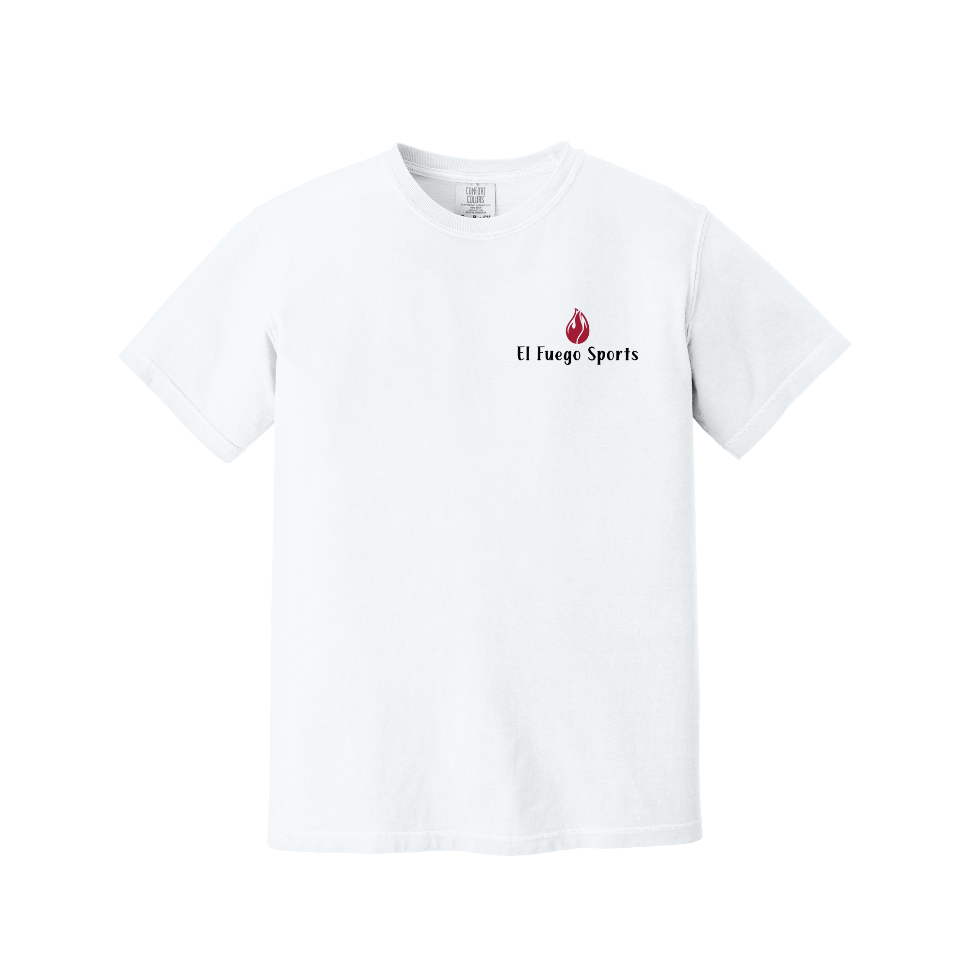 Front of White Comfort Colors T-shirt with El Fuego Sports chest logo