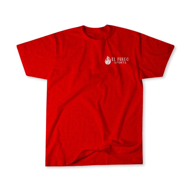 El Fuego Sports tee shirt in red with white lettering, front view.