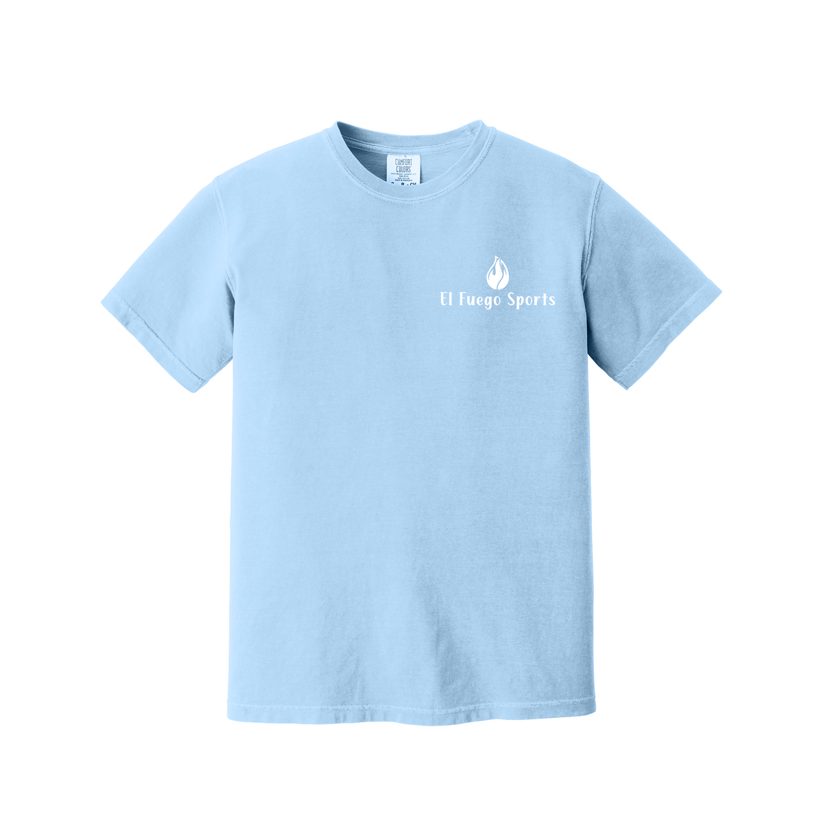 A light blue short-sleeve crewneck t-shirt with a small white chest graphic that reads 'El Fuego Sports' next to a flame icon, displayed on a solid white background.