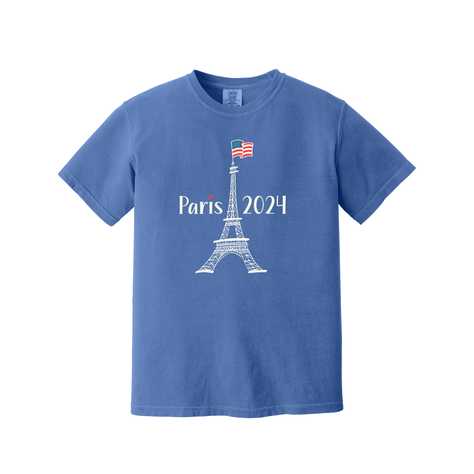 A blue short-sleeve crewneck t-shirt featuring a white Eiffel Tower graphic with 'Paris 2024' text and a small French flag on top, displayed on a solid white background.