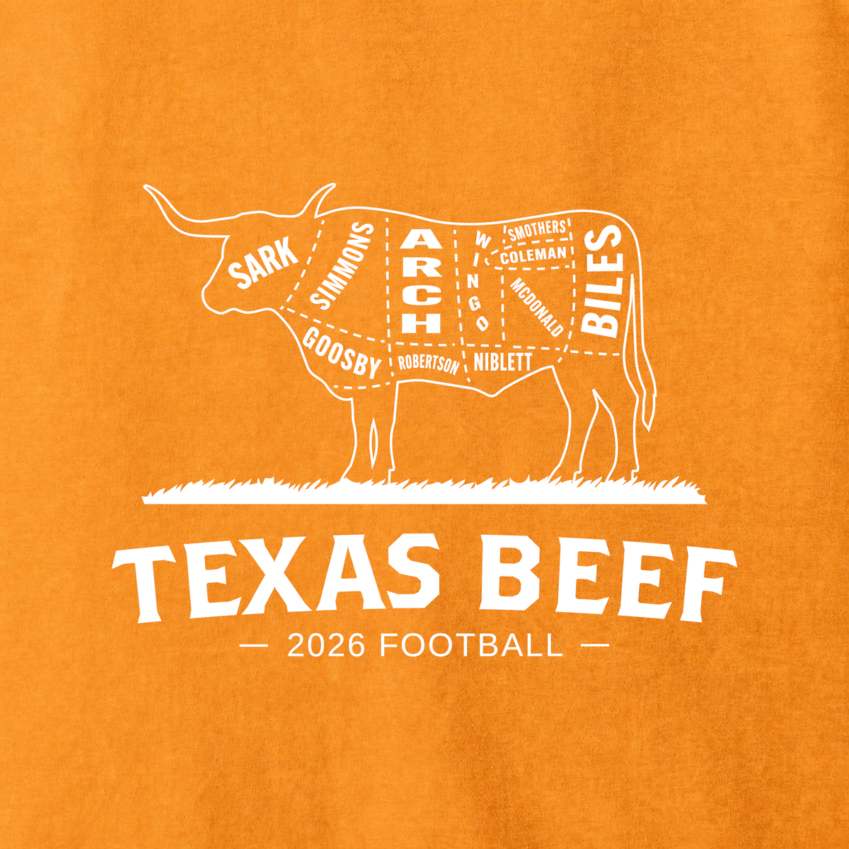 Close-up of the Texas Beef 2026 Longhorn design in white ink on Burnt Orange Comfort Colors 1717 fabric.
