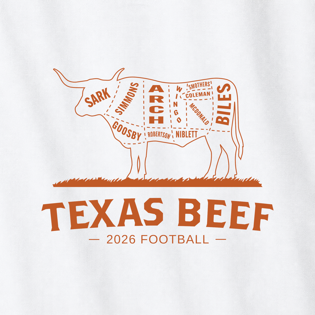 Close-up of the Texas Beef 2026 Longhorn design in burnt-orange ink on White Comfort Colors 1717 fabric.