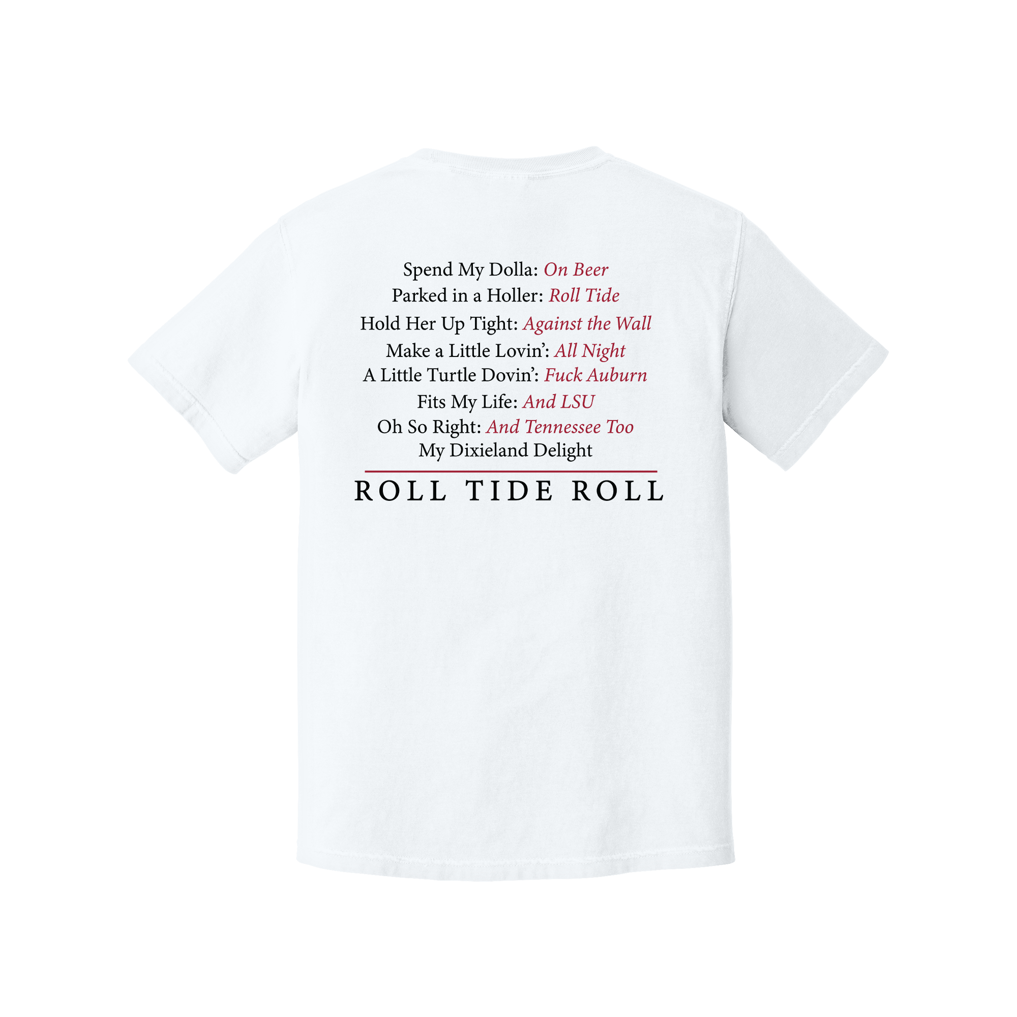 Back of White Comfort Colors T-shirt with Dixieland Delight Alabama design