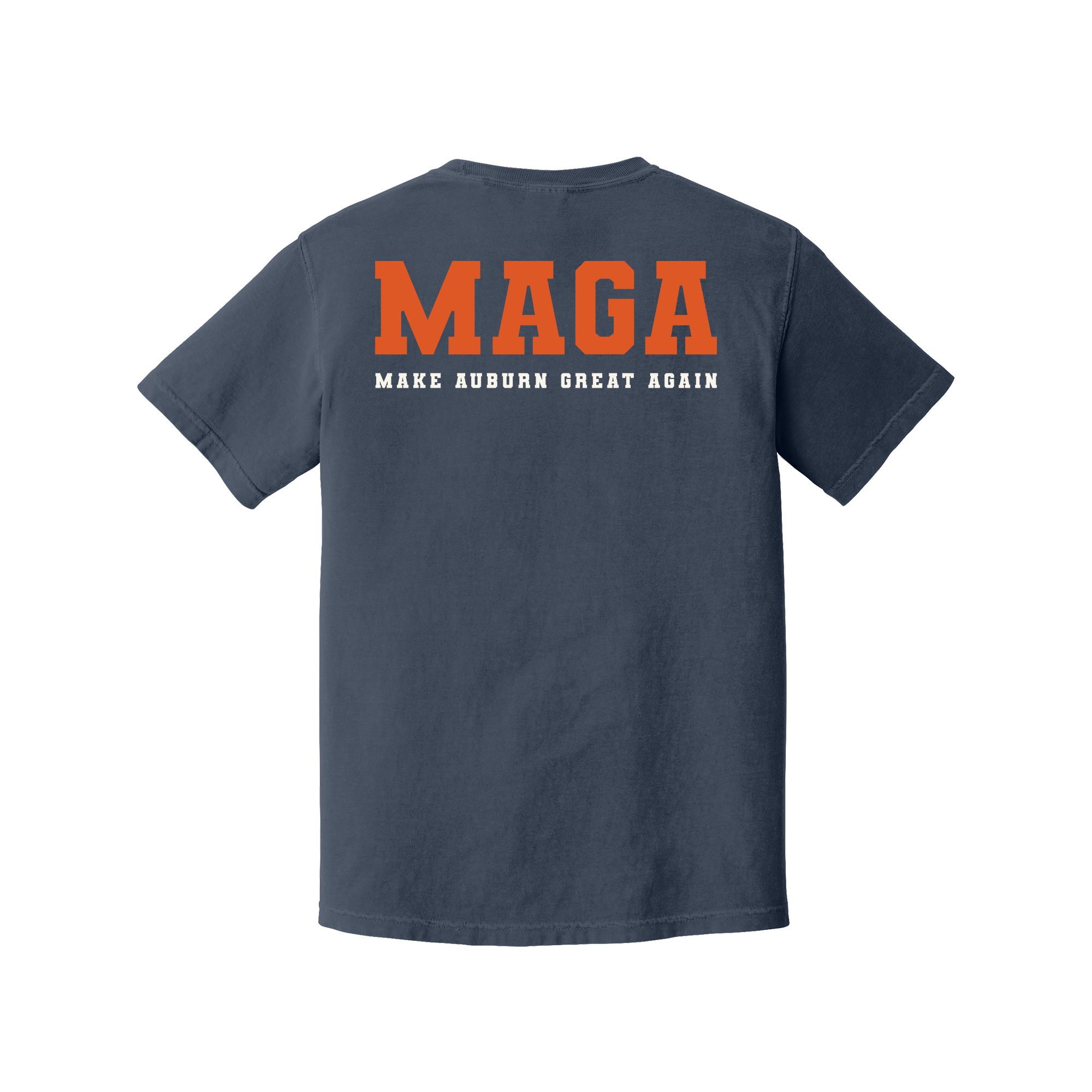 A navy blue short-sleeve t-shirt shown from the back, featuring the word 'MAGA' in large orange letters and the phrase 'MAKE AUBURN GREAT AGAIN' in smaller white letters underneath.
