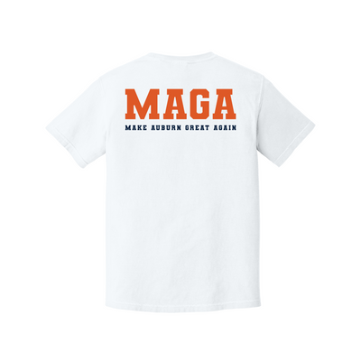 A white short-sleeve t-shirt shown from the back, featuring the word 'MAGA' printed in bold orange letters with 'MAKE AUBURN GREAT AGAIN' in smaller navy blue text underneath.