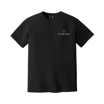 Front of Black Comfort Colors T-shirt with El Fuego Sports chest logo
