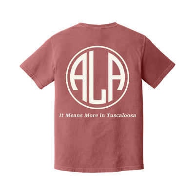 Back of a Crimson Comfort Colors T-shirt with large Alabama It Means More in Tuscaloosa artwork