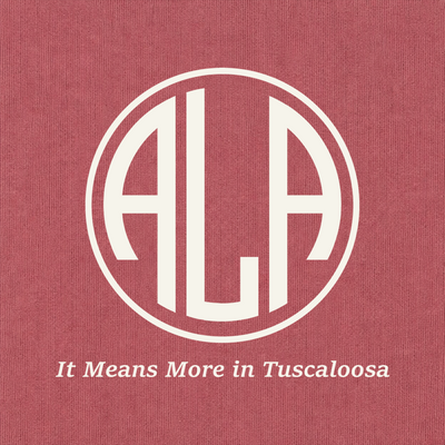 Close-up of Alabama ivory artwork on Crimson Comfort Colors fabric