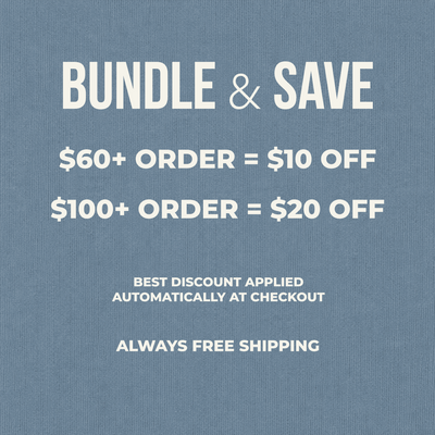 A promotional text graphic on a textured blue background reading 'BUNDLE & SAVE' with discount rules: '$60+ ORDER = $10 OFF', '$100+ ORDER = $20 OFF', 'BEST DISCOUNT APPLIED AUTOMATICALLY AT CHECKOUT', and 'ALWAYS FREE SHIPPING'.