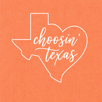 Close-up of Choosin’ Texas artwork on Burnt Orange Comfort Colors fabric