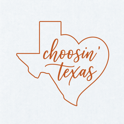 Close-up of Choosin’ Texas artwork on White Comfort Colors fabric