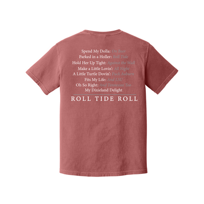 Back of Crimson Comfort Colors T-shirt with Dixieland Delight Alabama design