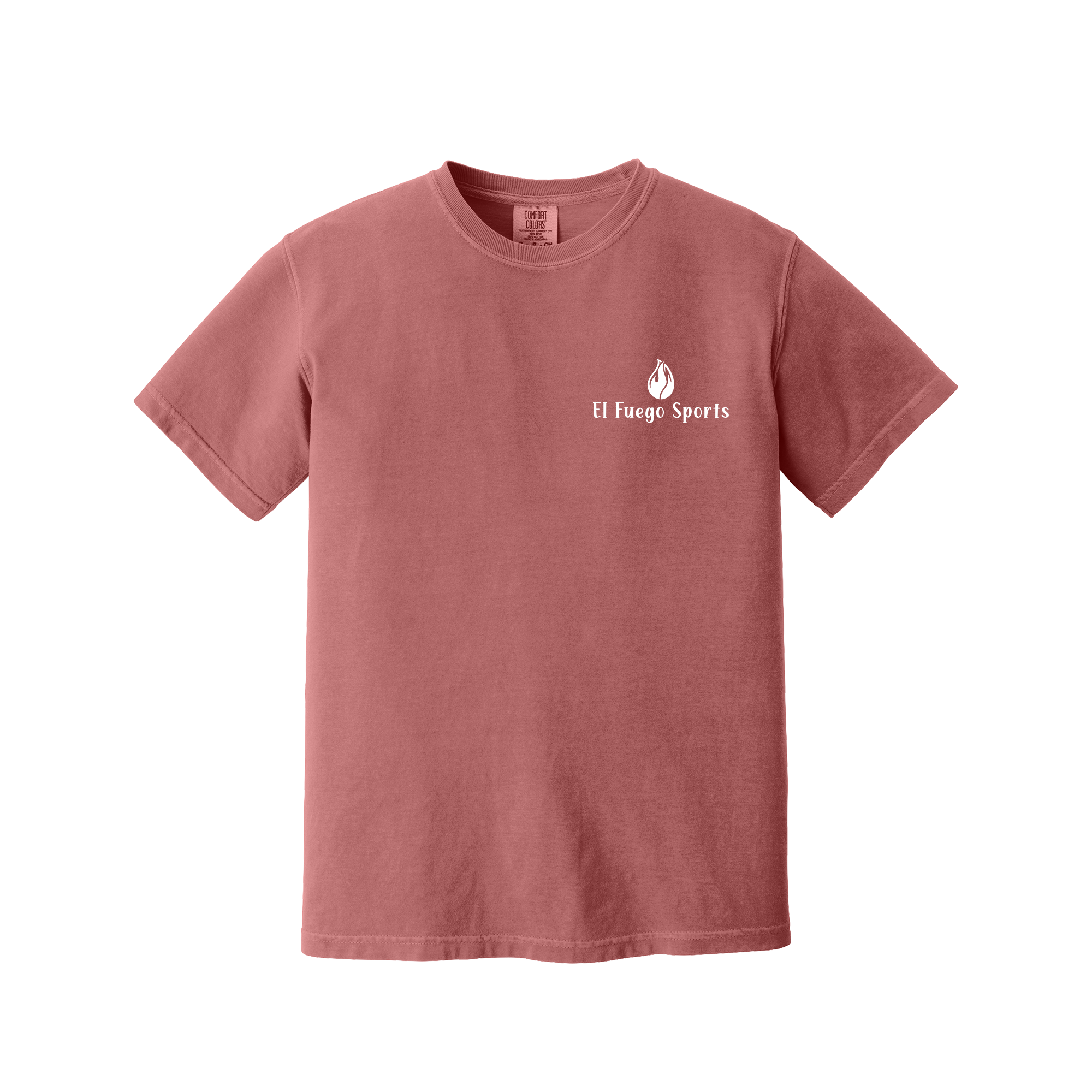Front of Crimson Comfort Colors T-shirt with El Fuego Sports chest logo