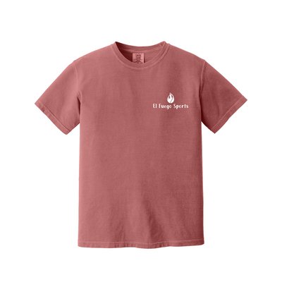 Front of Crimson Comfort Colors T-shirt with El Fuego Sports chest logo