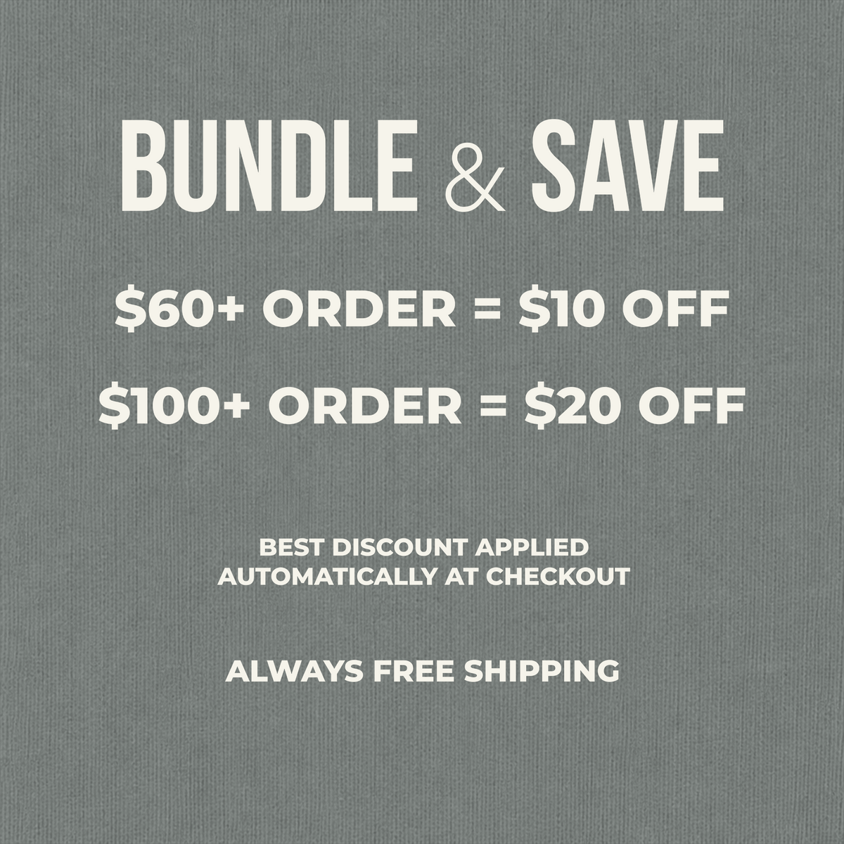 A promotional text graphic on a textured gray background reading 'BUNDLE & SAVE' with discount amounts for orders $60+, $100+, and shipping free.