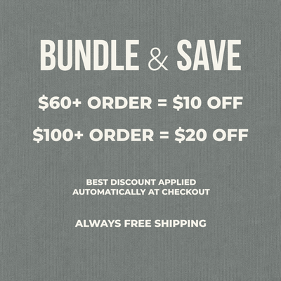A promotional text graphic on a textured gray background reading 'BUNDLE & SAVE' with discount amounts for orders $60+, $100+, and shipping free.