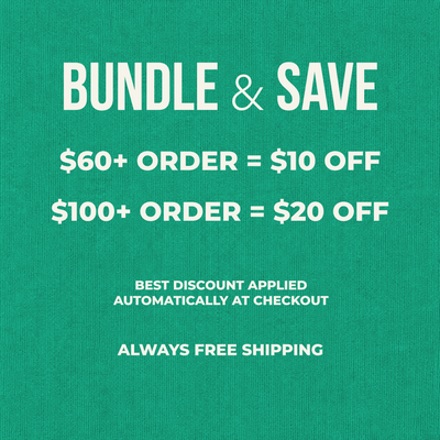 Blue promotional graphic with white text reading 'BUNDLE & SAVE' and discount rules: '$60+ ORDER = $10 OFF', '$100+ ORDER = $20 OFF', 'BEST DISCOUNT APPLIED AUTOMATICALLY AT CHECKOUT', and 'ALWAYS FREE SHIPPING'.