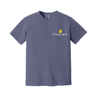 Front of a Grape Comfort Colors T-shirt with LSU-gold El Fuego Sports chest logo