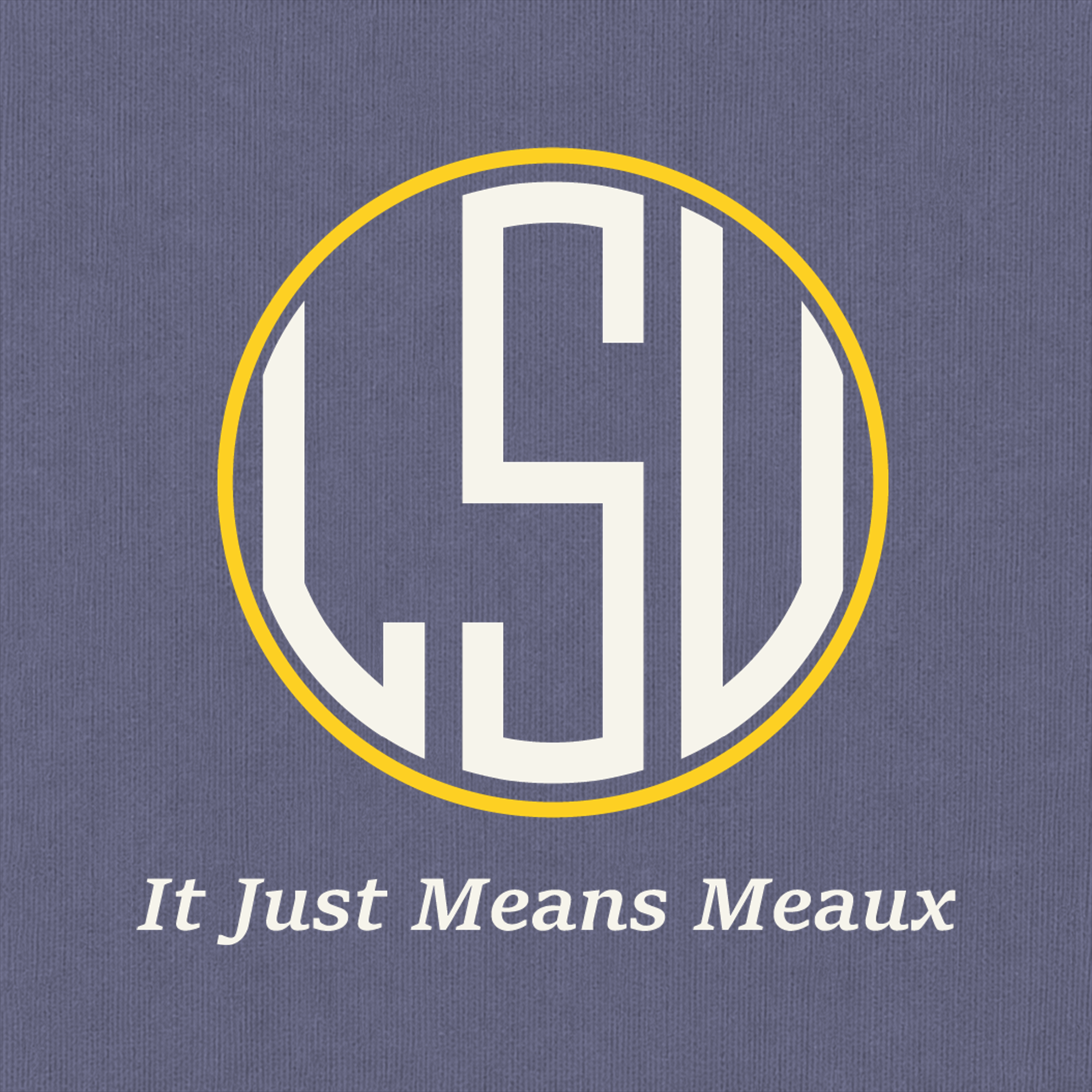 Close-up of LSU gold and ivory artwork on Grape Comfort Colors fabric