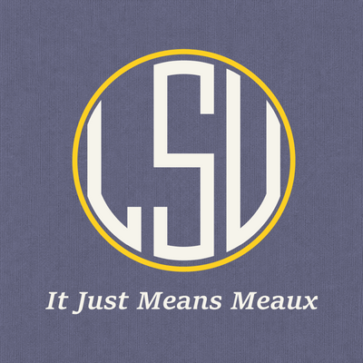 Close-up of LSU gold and ivory artwork on Grape Comfort Colors fabric