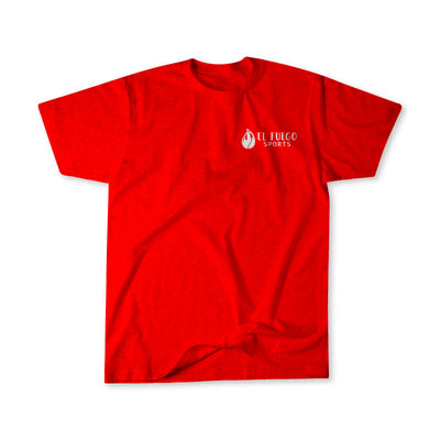 El Fuego Sports tee shirt in red with white lettering, front view.