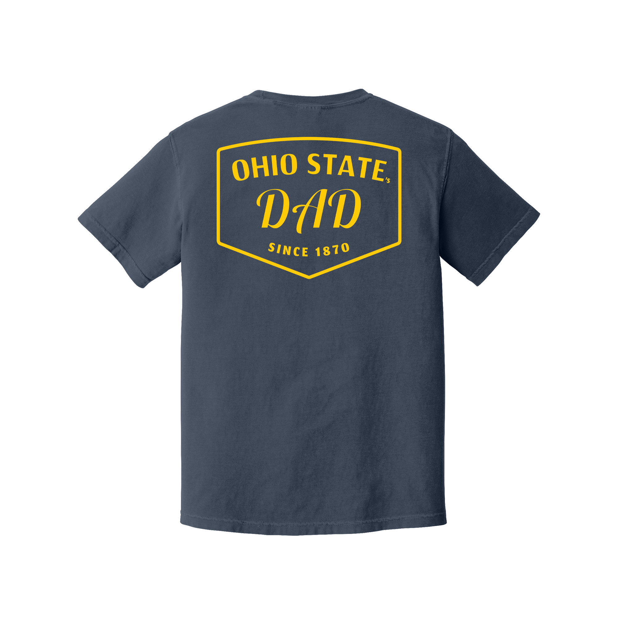 A navy blue short-sleeve t-shirt shown from the back, featuring a large yellow graphic print that reads 'OHIO STATE DAD SINCE 1870' inside a yellow shield outline.