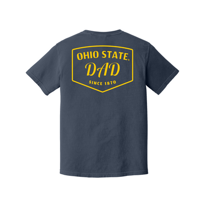 A navy blue short-sleeve t-shirt shown from the back, featuring a large yellow graphic print that reads 'OHIO STATE DAD SINCE 1870' inside a yellow shield outline.