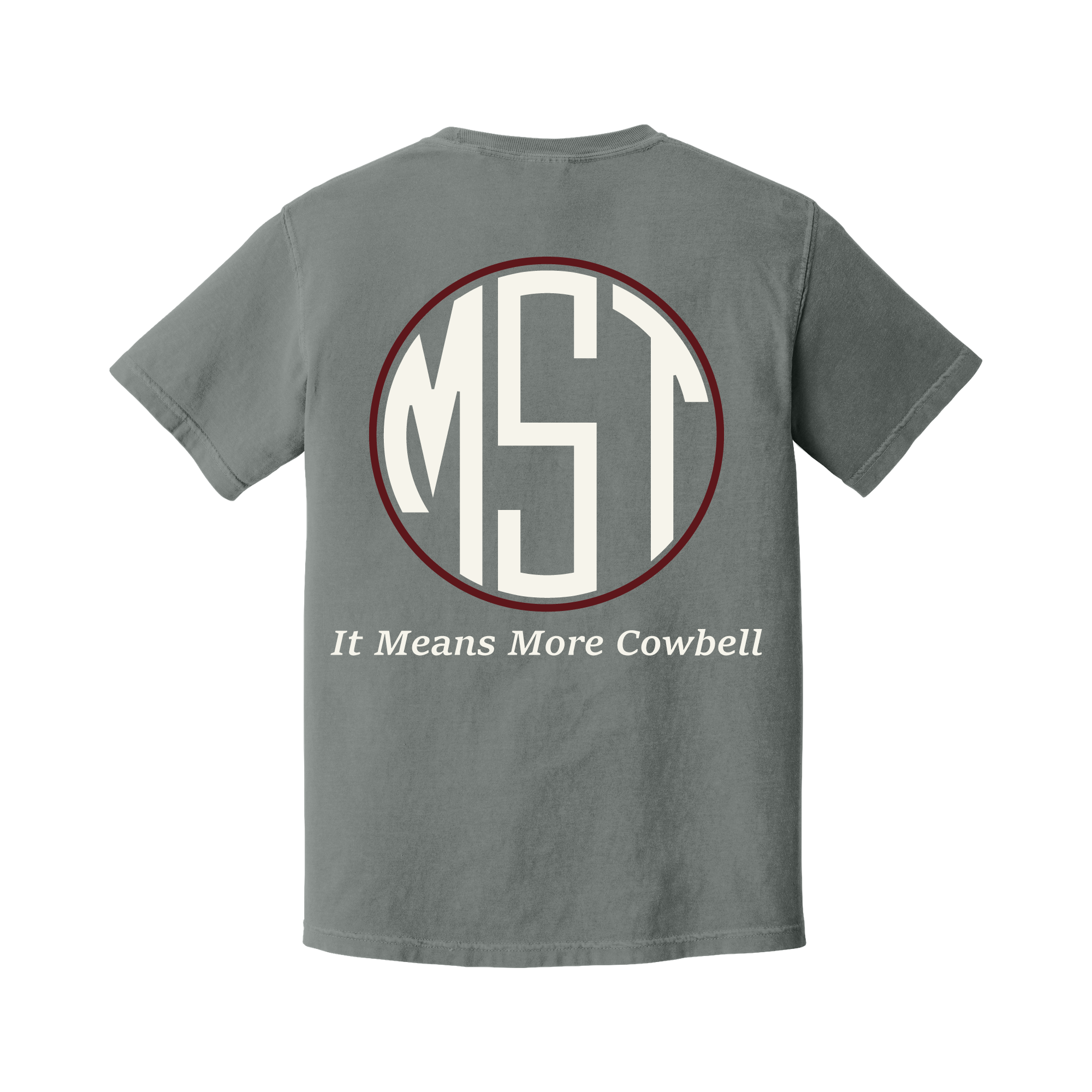 Back of a Grey Comfort Colors T-shirt with large Mississippi State More Cowbell artwork