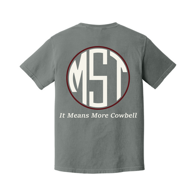 Back of a Grey Comfort Colors T-shirt with large Mississippi State More Cowbell artwork