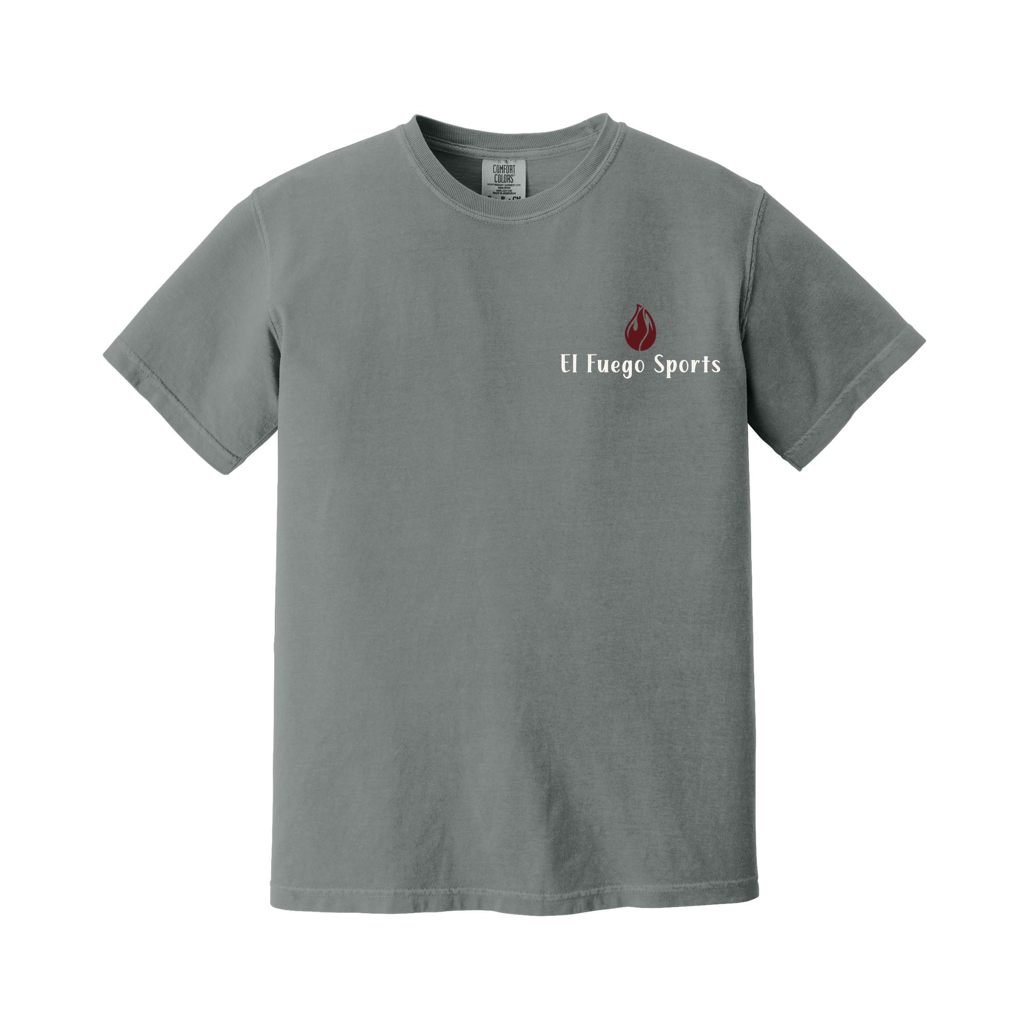 Front of a Grey Comfort Colors T-shirt with maroon El Fuego Sports chest logo