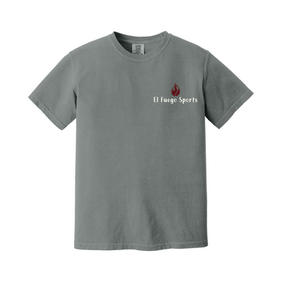 Front of a Grey Comfort Colors T-shirt with maroon El Fuego Sports chest logo