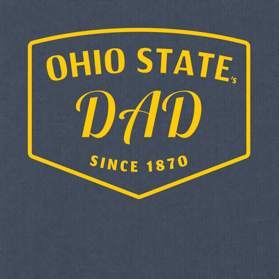 A close-up of a navy blue textured fabric with a yellow printed graphic reading 'OHIO STATE's DAD SINCE 1870' inside a shield outline.