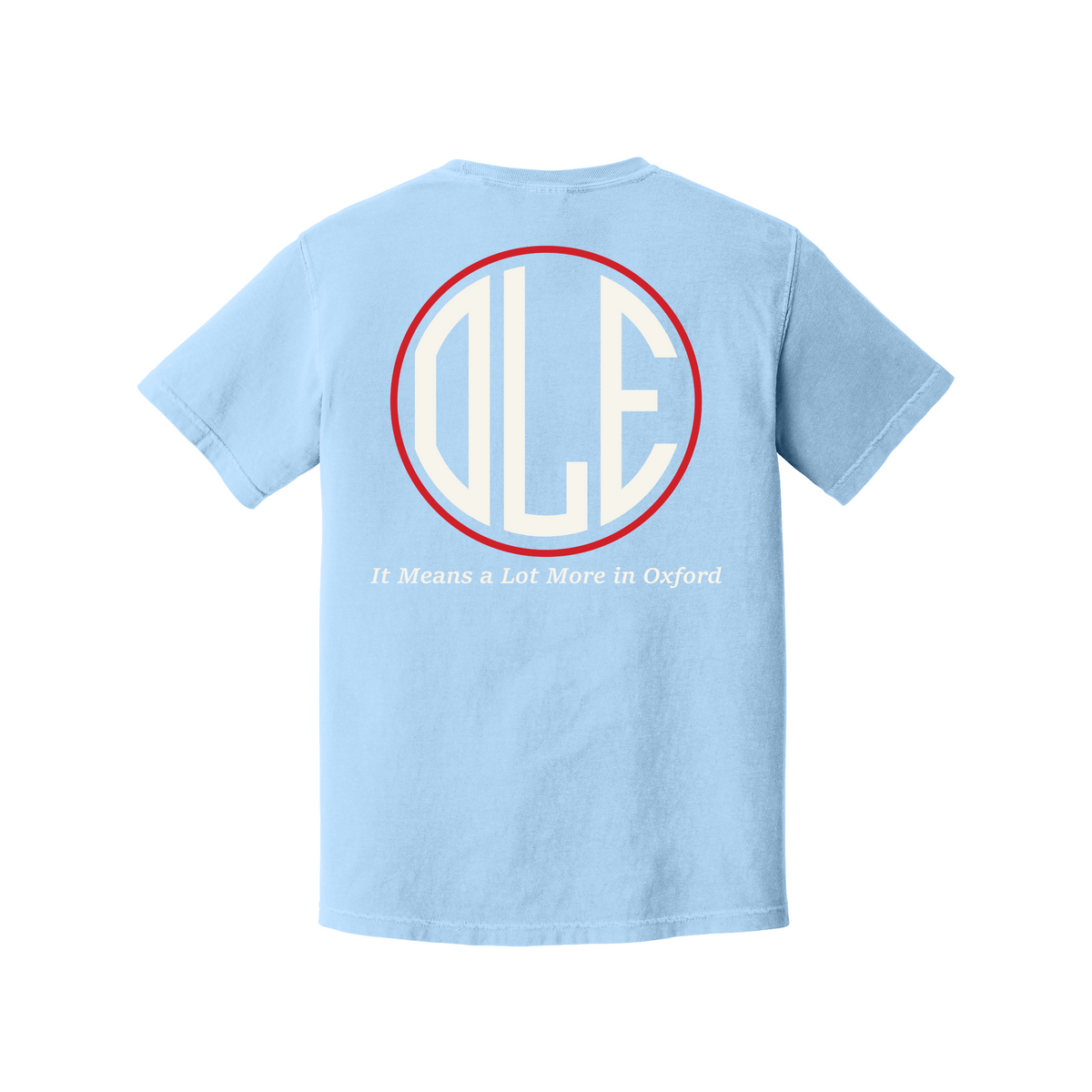 A light blue short-sleeve t-shirt shown from the back, featuring a large circular graphic with the letters 'ALE' in white inside a red circle, and the text 'It Means a Lot More in Oxford' printed below.