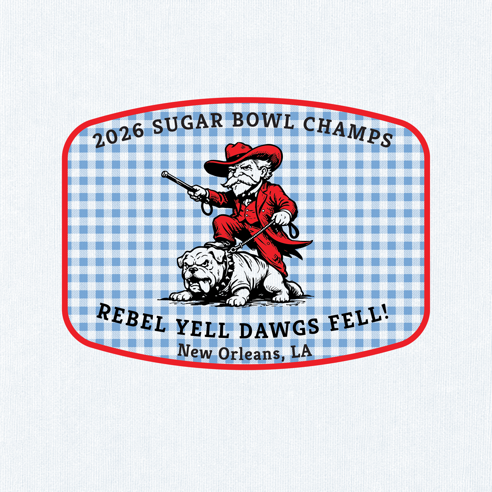 Close-up of Rebel Yell, Dawgs Fell artwork on White Comfort Colors fabric
