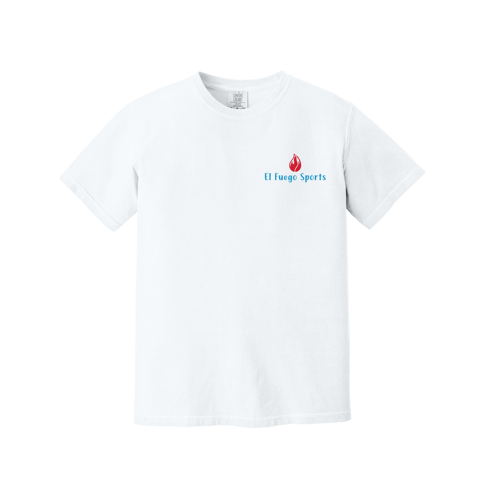 Front of White Comfort Colors T-shirt with El Fuego Sports chest logo