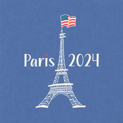 A blue graphic print featuring a white Eiffel Tower illustration with a small American flag on top, plus the text 'Paris 2024' in white with a tiny red accent near the 'i' in Paris.