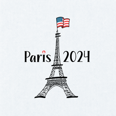 A graphic design featuring a black line art illustration of the Eiffel Tower with an American flag on top, alongside the text 'Paris 2024' in black, on a light off-white textured background.
