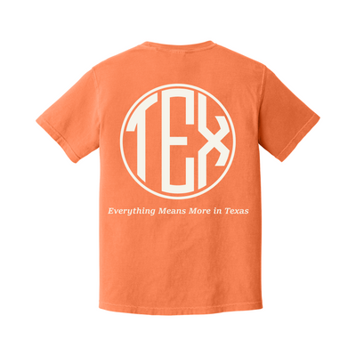 Back of a Burnt Orange Comfort Colors T-shirt with large Texas Everything Means More artwork