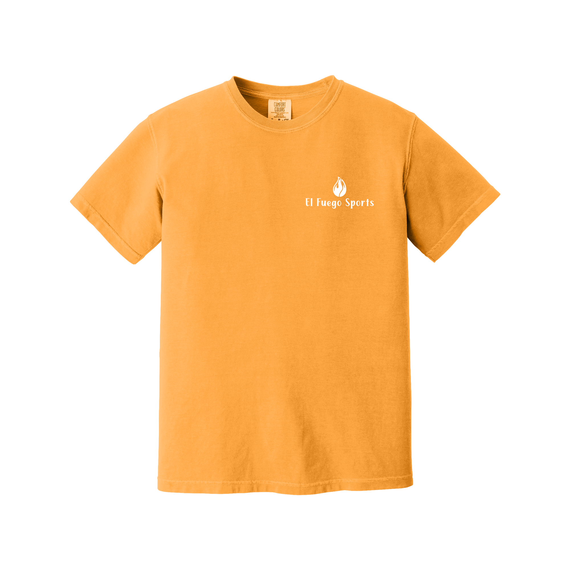 Front of a Burnt Orange Comfort Colors T-shirt with ivory El Fuego Sports chest logo