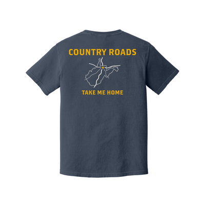 A dark slate blue short-sleeve t-shirt shown from the back, featuring a graphic print with the words 'COUNTRY ROADS' and 'TAKE ME HOME' in yellow, along with a white outline map of West Virginia.